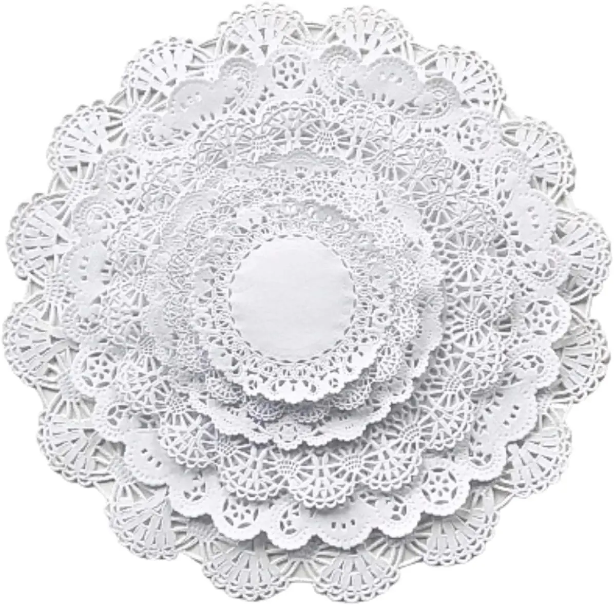 White Round paper Lace Table Doilies 4 5 6 8 10 and 12 inches Assorted Sizes (Variety pack of 120-20 of each)