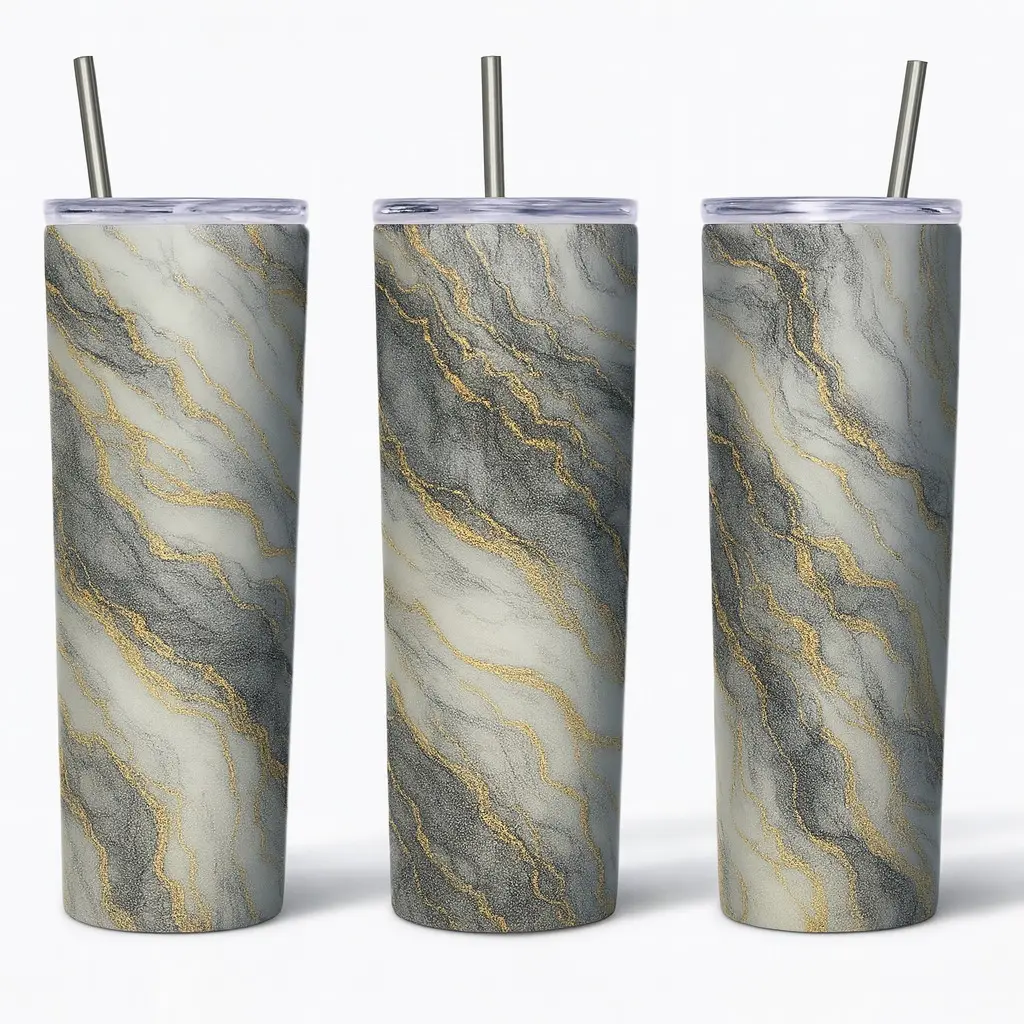 Gilded Marble Luxe Tumbler 20oz Skinny Stainless Steel with Gold Veins & Clear Lid for Hot Cold Drinks
