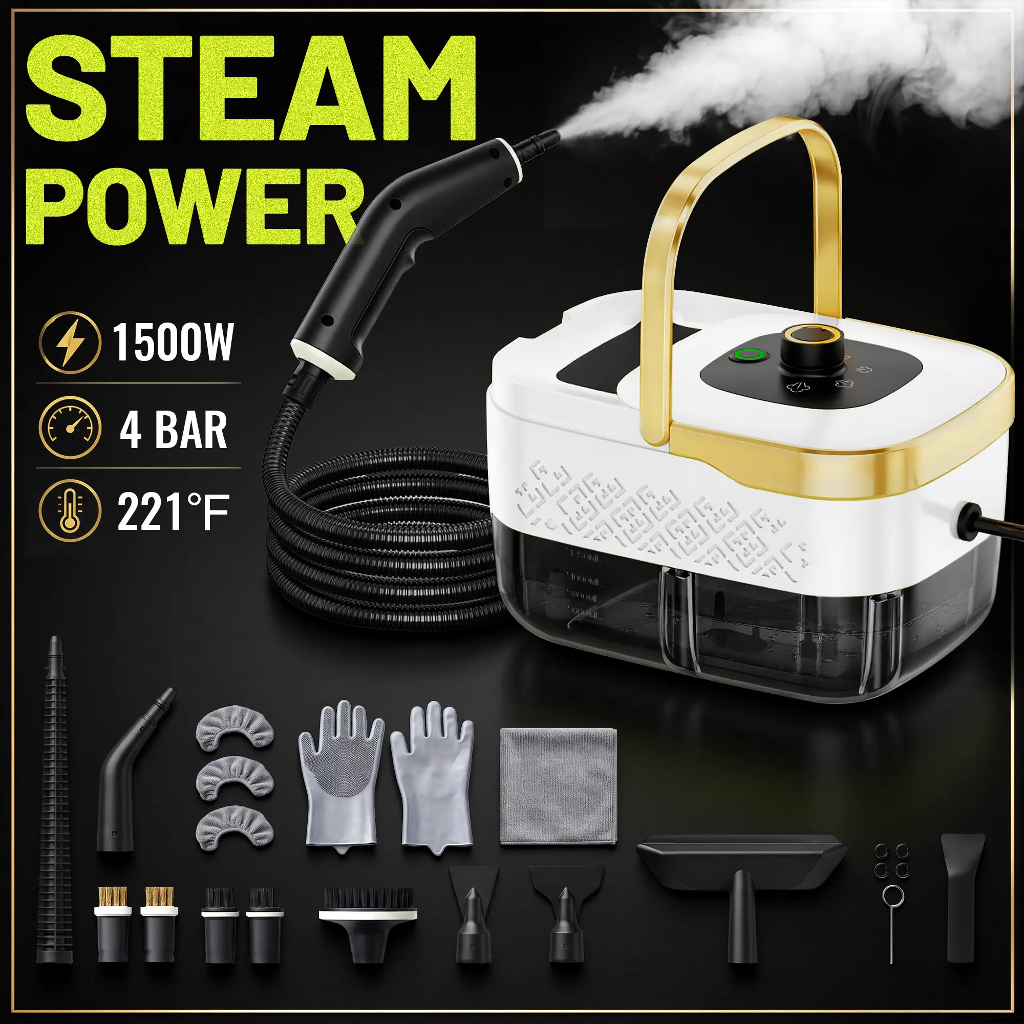 【22-Piece Cleaning Kit】LEST C1T Steam Cleaner 3 Adjustable Steam Levels Large Water Tank Multi-Purpose Deep Cleaning for Home Kitchen Bathroom Car