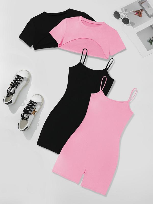 Four-Piece Set Women's Solid High Low Crop Tee & Cami Romper, Casual Short Sleeve Super Crop Top & Sleeveless Bodycon Romper, Summer Outfits 2025, Cute Summer Outfit