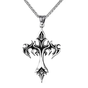 Men's Vintage Engraved Gothic Cross Pendant - Rust-Proof Stainless Steel Punk Necklace, Ideal for Gifting & Daily Street Style | Trend Halo Fashion Costume Jewelry
