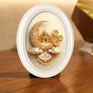 1 PC Ramadan Decoration Islamic Photo Frame, 5x7 Inch Oval Wooden Art with Eid Mubarak Print, Home & Office Desk Decor for Eid Gift