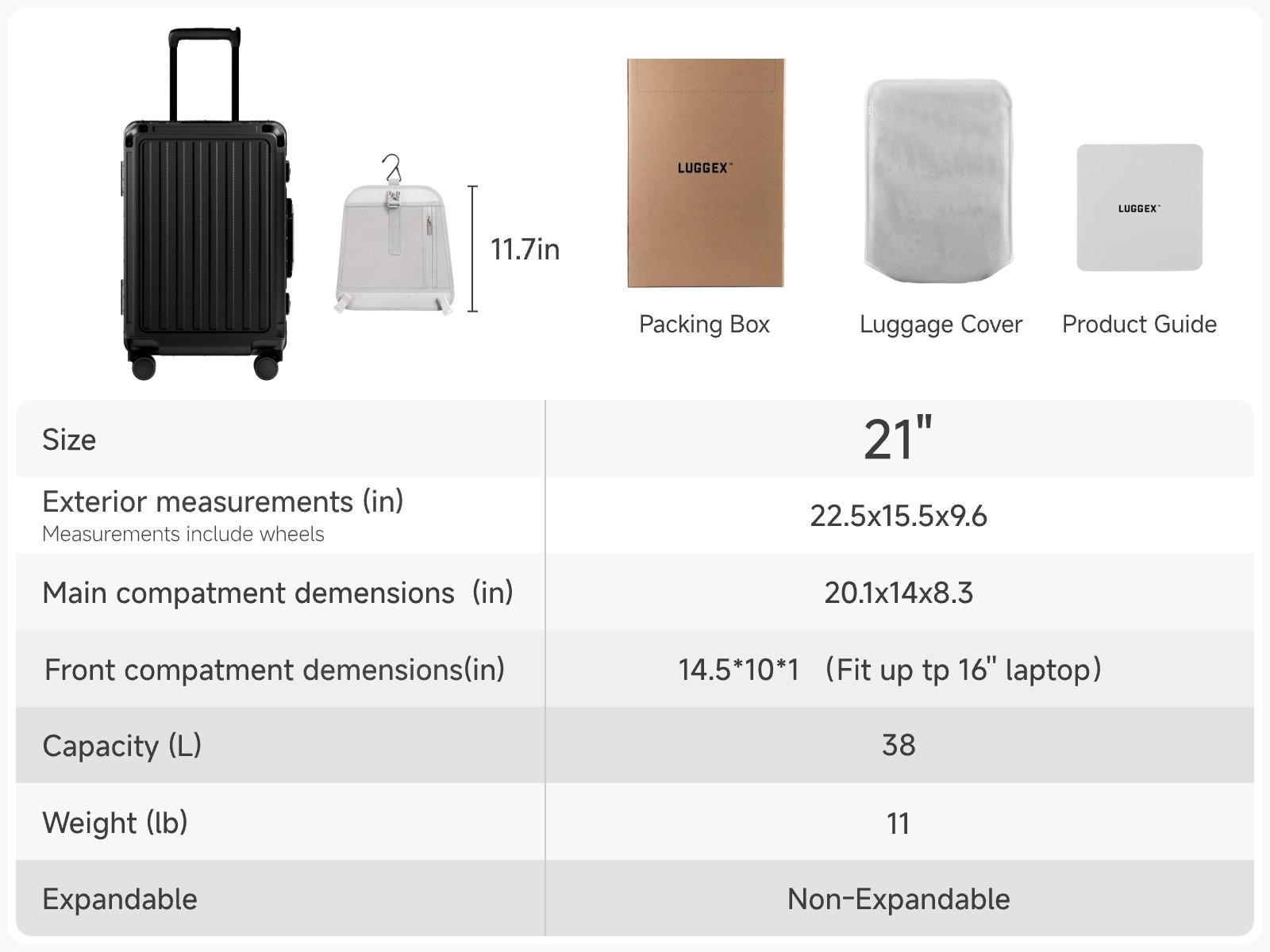 LUGGEX 21 Inch Zipperless Carry On Luggage with Spinner Wheels Aluminum Polycarbonate Hard Shell Front Opening Suitcase TSA Cup Holder 38L Business Travel