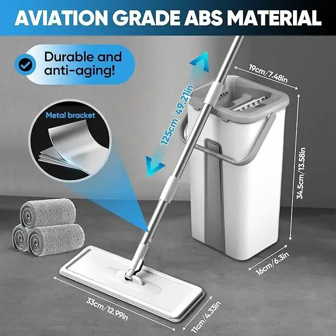 1 Set Flat Mop Bucket Set with Extra 2 Replaceable Microfiber Mop Cloths, Stainless Steel Mop Rod, Hand-free Flat Mop with Bucket, Wet and Dry Wash-off Separation, Cleaning Supplies Cleaning Mop, Wooden Floor, Glass, Household Items Cleaner Home Pad Han