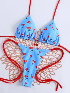 Sweet Cool Style Cherry Bikini, Halter Neck Tie High Cut Swimwear, Beach Vacation Slimming Swimsuit, Women's Summer Fashion