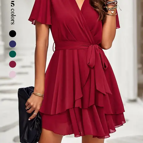 Women's Plain Belted Tiered Layer Short Dress, Elegant Butterfly Sleeve Wrap V-Neck A-Line Dress for Wedding Guest, Parties and Special Occasions, Formal Wedding Guest Dress