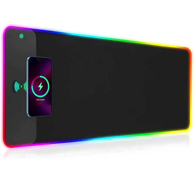 XXL Gaming Mouse Pad with Magnetic Wireless Charging, RGB Black Mousepad Desk Mat with 15W Fast Charger, Waterproof Laptop Writing for Office, Home, Gaming Desktop Accessory
