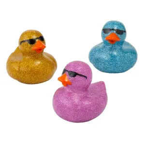 2" Sunglasses Pink, Blue & Yellow Glitter Rubber Ducks - 12 Pc.