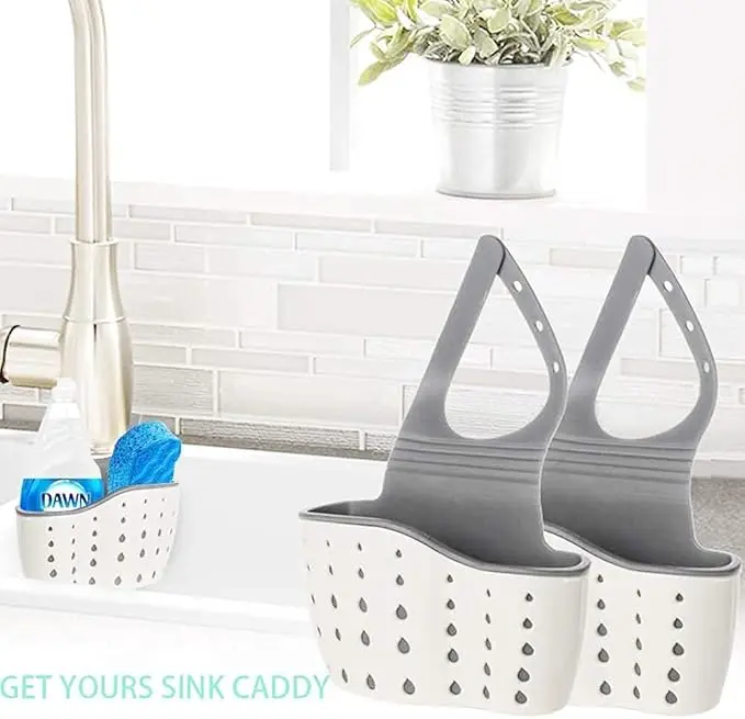 2 Pack Adjustable Silicone Plastic Kitchen Sink Caddy Organiser - Home Supplies Racks for Sponges & Kitchen Essentials, No Batteries Needed, Portable, Versatile Cleaning Accessory with Drain Holes, Durable, Easy to Install