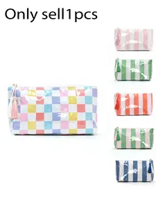 Glossy plaid tassel cosmetic bag, waterproof PVC cosmetic bag with tassel zipper, storage bag for women, Travel Accessory, large capacity portable travel organizer, casual style, makeup organizer pouch
