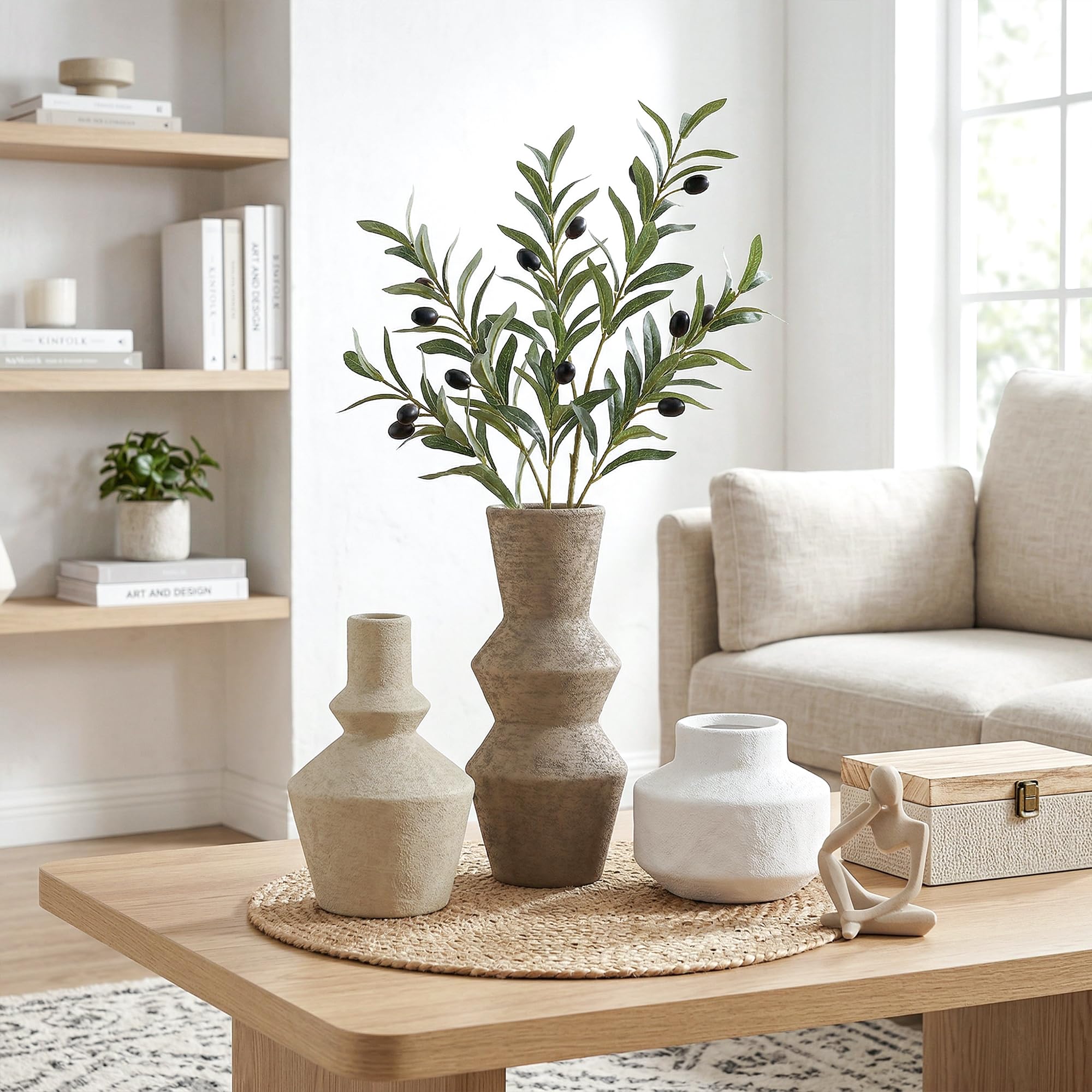 Ivydale Ceramic Vase Set of 3, Modern Rustic Flower Vases for Pampas Grass, Dried & Fresh Flowers, Farmhouse Home Decor Vase for Living Room Bedroom Kitchen Shelf Centerpiece, Classic