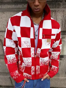 Men's Spring & Fall Notched Lapel Jacket, Plaid Asymmetrical Design, Soft Durable Street Style Outerwear, Fashionable Fitted Fit