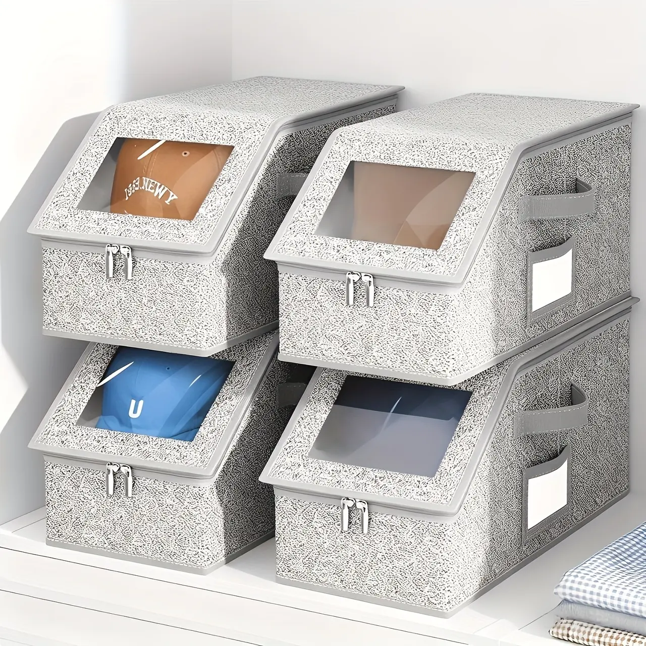 Modern Trapezoid Cardboard Cap Storage Box with Window, PVC Cover, 2-Way Zipper, Stackable Foldable Dustproof Organizer (Holds Up to 12 Baseball Caps), Ideal for Bedroom Use, Great Mother’s Day Gift