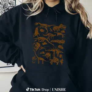 Graphic Hoodie with Dinosaur Fossil Collage – Prehistoric Skeleton Long Sleeves