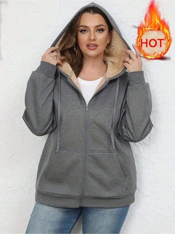Women's Autumn Winter Warm Lamb Velvet Hooded Jacket, Casual Sporty Style with Pockets, Long Sleeve Zipper Design, Perfect for Cold Weather(gift)