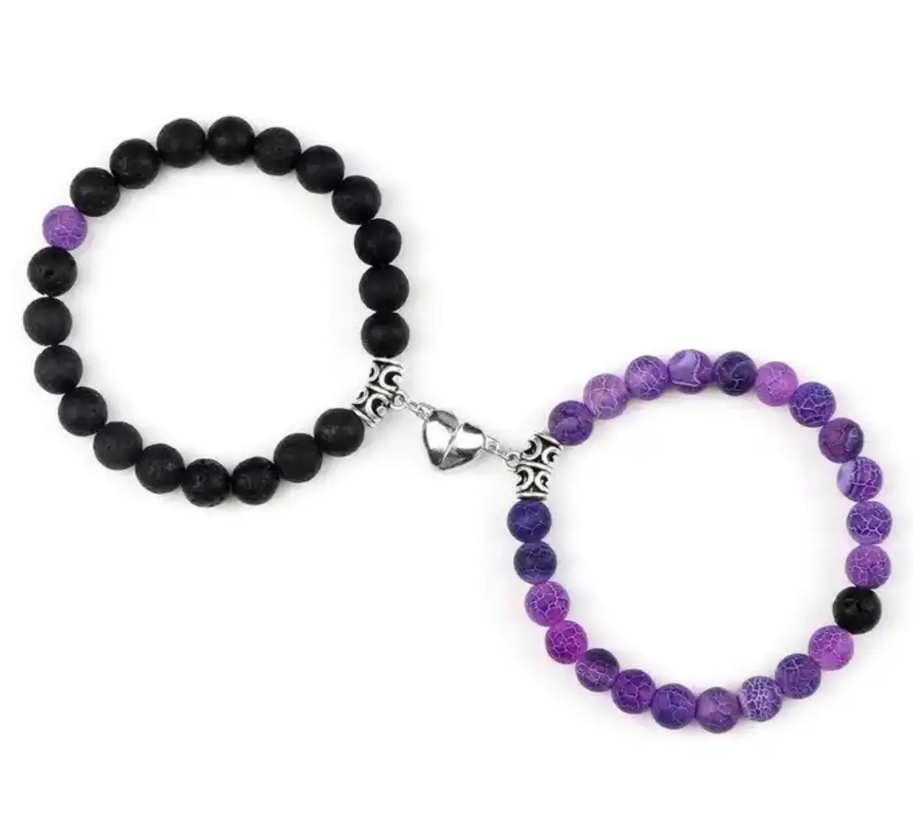 Couples Beaded Bracelets, 2-Piece Matching Stone Friendship Set with Magnetic Heart Charm, Stretch Cord for Men and Women, Beaded Bracelet Pack, Bracelet Combination Set Energy Magnetic Bracelet Healing Crystal Bracelet