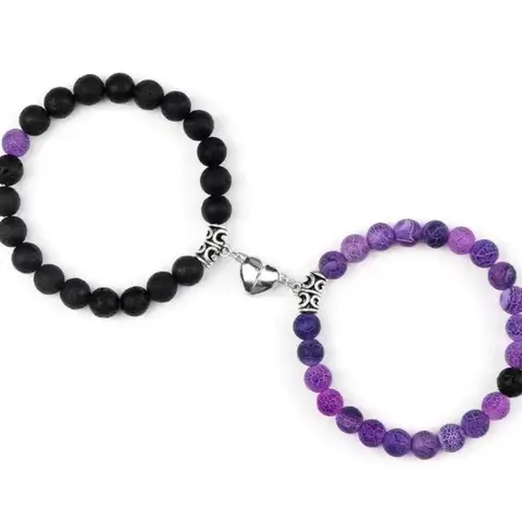 Unisex 2-Piece Beaded Bracelets Jewelry - 7 in Stretchfit Cord, Magnetic Heart Love Charm, Natural Round Beads, Elegant Energy Healing Bracelets for Daily Casual Wear, Anniversary