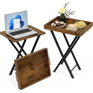 Folding TV Tray Table, 2-Piece Small Table Set, Suitable for Small Spaces, Sofa Side Snack Table, Folding Table with Removable Tray, Vintage Brown