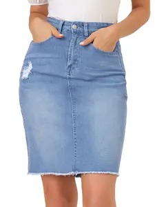 INSPIRE CHIC Basic Denim Skirt Distressed High Waist Ripped Hem Washed Jean Skirt