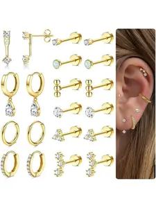 Hypoallergenic Flat Back Earrings Gold Plated Cartilage Earring Sets for Multiple Piercing 20G Stainless Steel Earrings for Women Trendy Earring Stacks Small Hoop Flatback Stud Earrings
