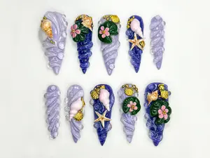 Terra Nails –Mermaid Shell Spiral Press On Nails | Ocean-Inspired 3D Art | Seashell Starfish Lilac | Fairycore Beach Nail Set