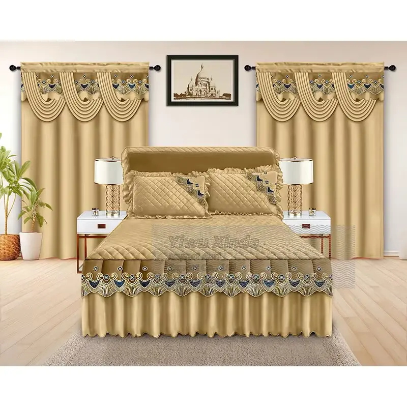 Elegant Gold Bedding Set with Embroidered Details and Matching Curtains for a Luxurious Bedroom Decor
