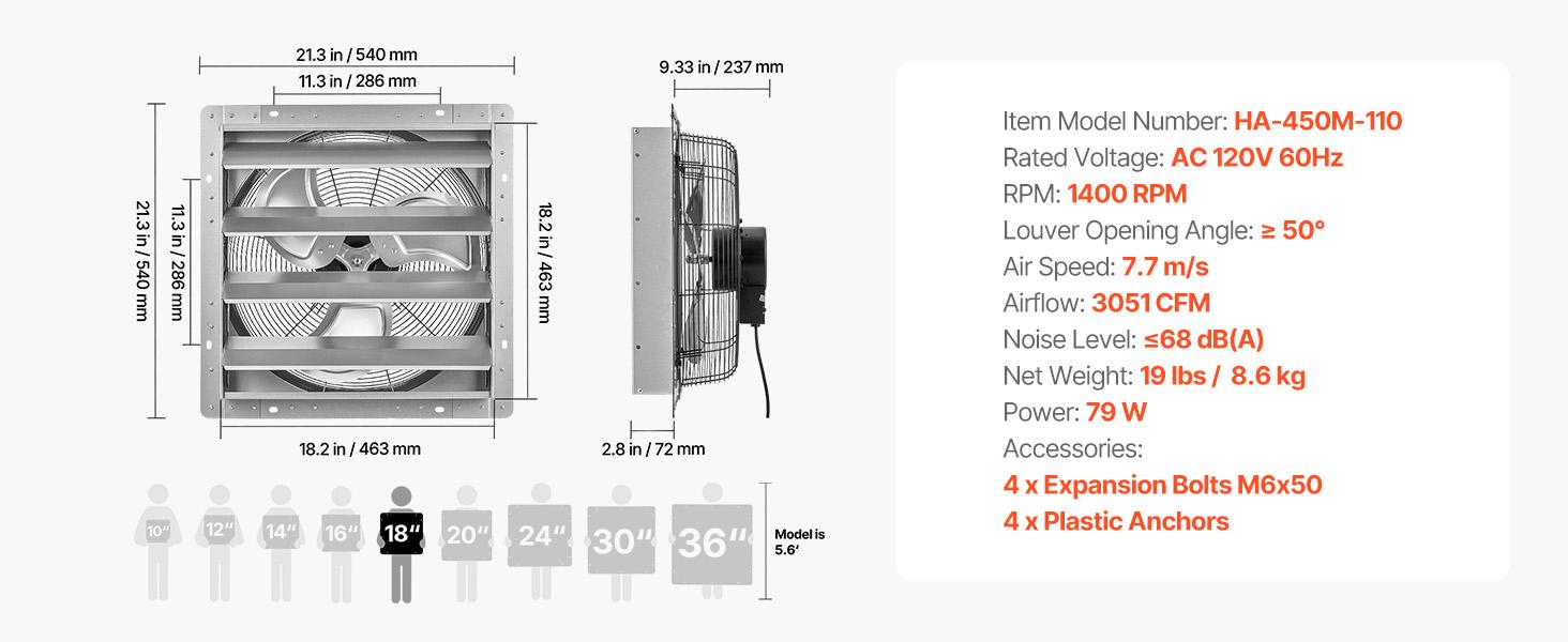 VEVOR 18-Inch Wall-Mounted Ventilation Fan with Auto Louvers, Sturdy Steel Frame, 3051 CFM Flow, Low-Noise AC Motor, Silver - Home Cooling Solutions for Attic, Garage#BacktoSchool