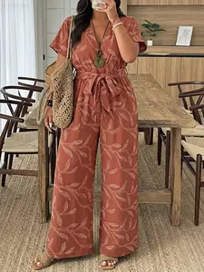 Women's V Neck Long Loose Fit Wide Leg Jumpsuit, Textured Fabric with Waist Belt, Elegant Split Design, All-Season Wear, Casual Outdoor & Commuting, Womenswear