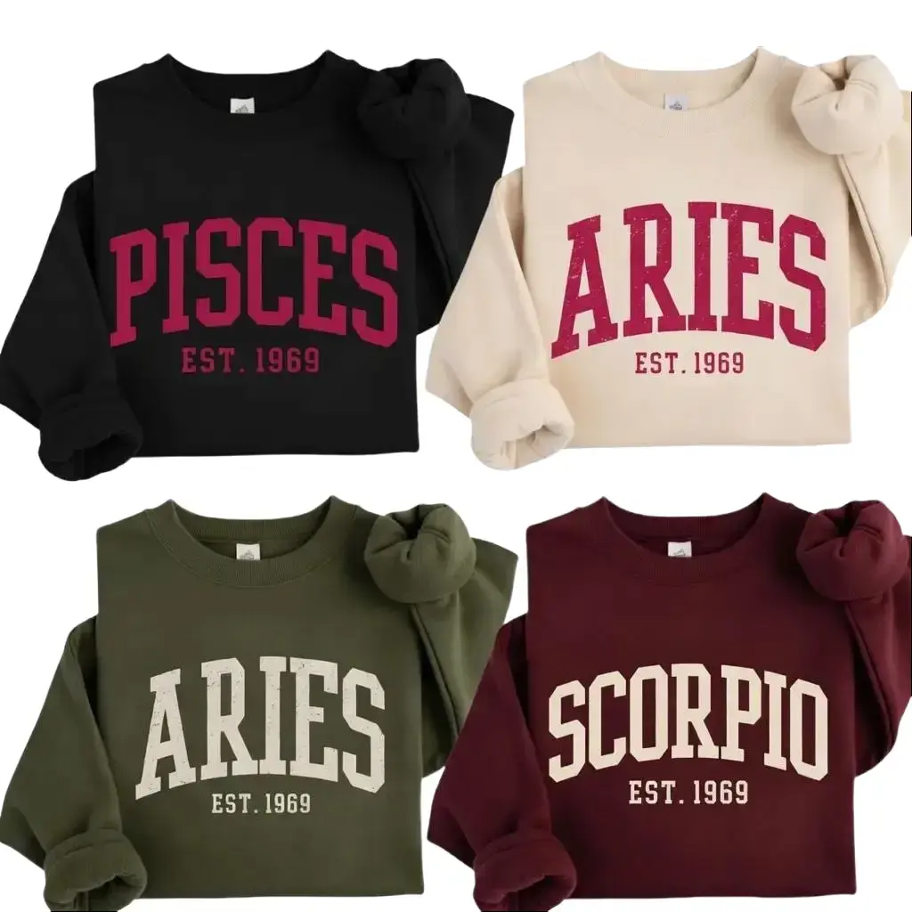 [LEAVE A NOTE] All 12 Zodiac Sign Sweatshirt, Aries Pisces Scorpio Est Year Graphic Crewneck, Vintage Astrology Birthday Sweatshirt for Women-Philip82 Store