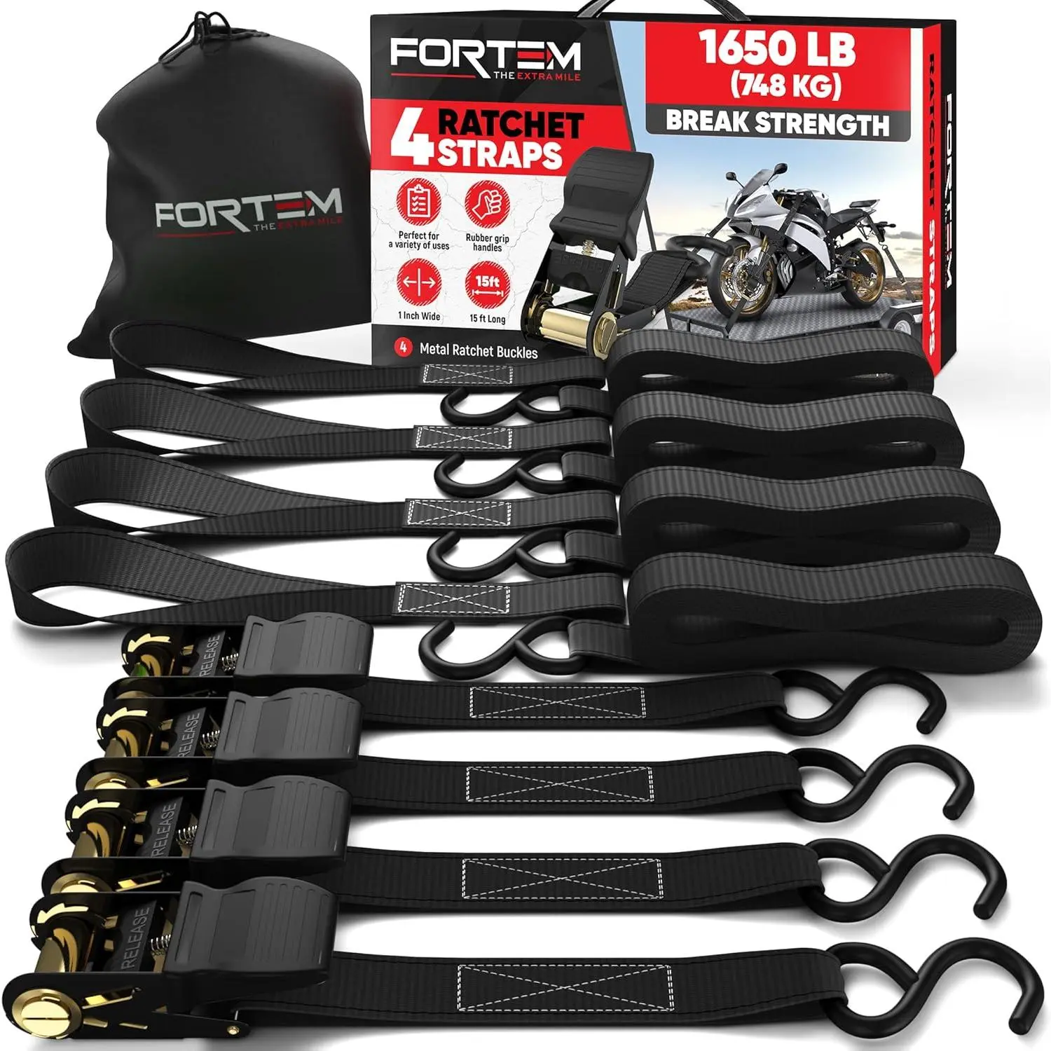 Ratcheting Straps 4-Pack, 15ft x 1in, 1650lb Break Strength, 4 Soft Loops, Cargo Cam Buckles, Carry Bag for Trucks, Motorcycle Tie Downs
