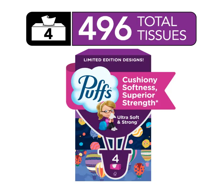 Puffs Ultra Soft Facial Tissues, Back-to-School Exclusive, 4 Rectangle Boxes, 124 Facial Tissues Per Box