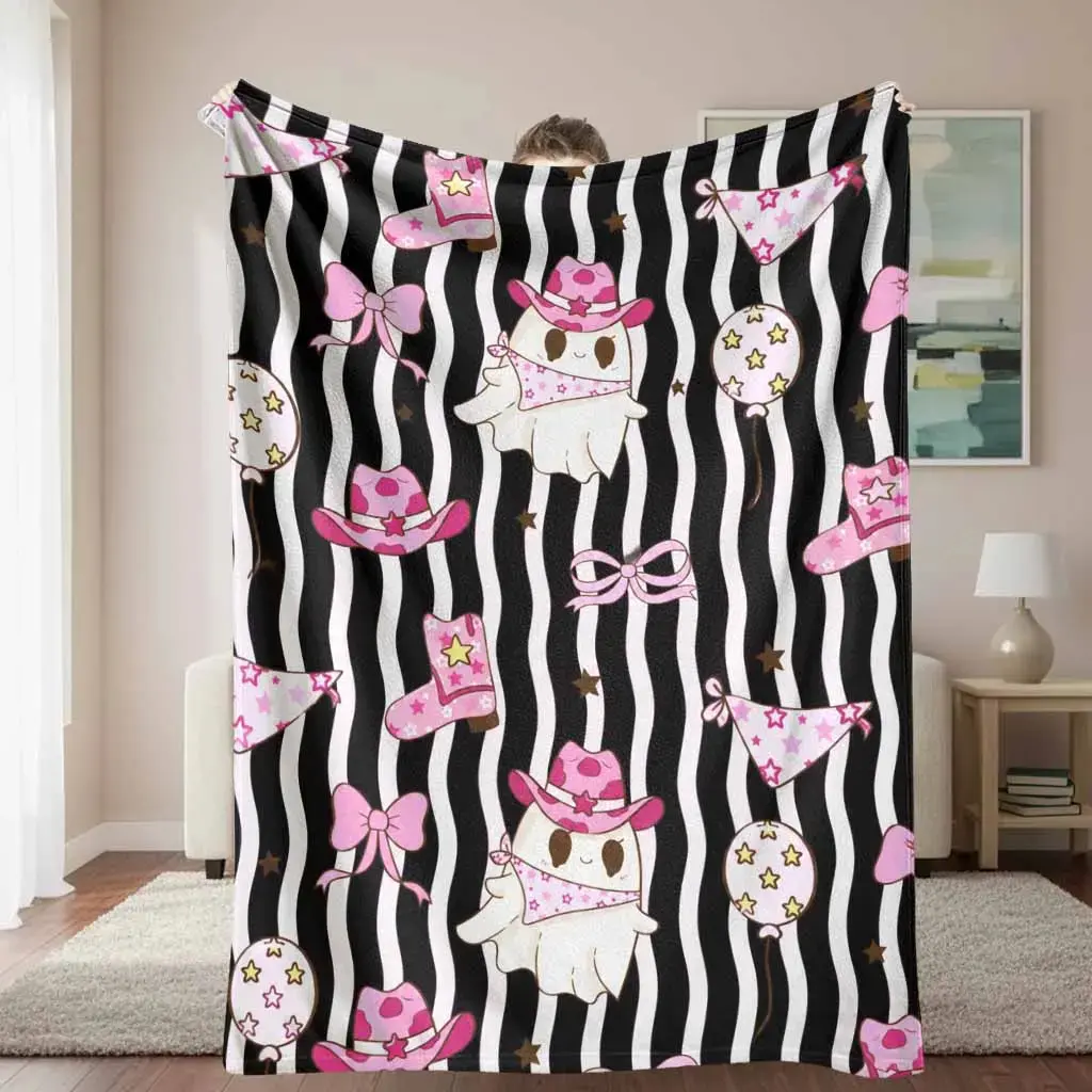 Black and white striped pink Western cowgirl ghost hat boot star bow print pattern flannel blanket, soft, lightweight, warm, fuzzy fabric, Halloween-themed design, for sofa, bedroom, home decor, Halloween party, holiday gift