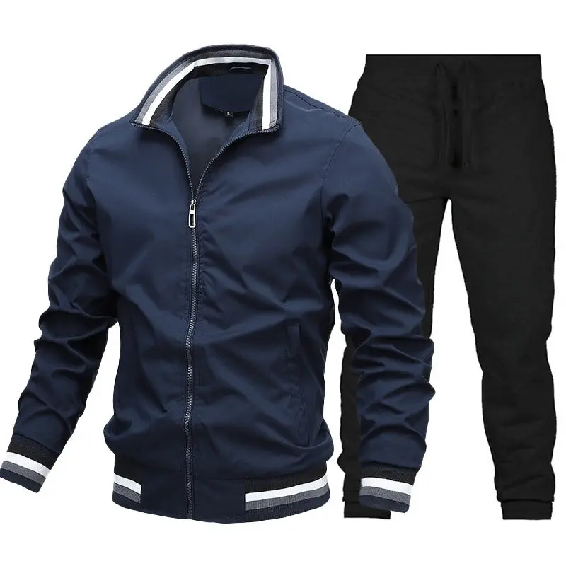 Men's Standard Collar Zippered Blue Tracksuit