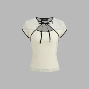 Cider [size 2-10] Round Neckline Floral Contrasting Binding Cut Out Knotted Short Sleeve Top