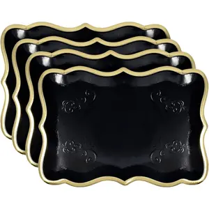 10PCS Black Rectangle Trays with Gold Rim Border for Dessert Display Table Parties 9" X 13" Disposable Paper Cardboard for Platters Cupcake Displays Birthday Party Weddings Food Safe Party Plates