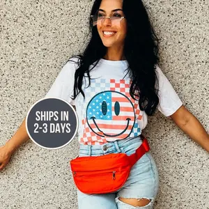 Bella Canvas USA Smiley Checkerboard Shirt, Red White and Blue Shirt, July 4 Graphic Tee, Retro Smiley Face Shirt, USA Shirt, Patriotic Tee, America Tee  T-Shirt Unisex positive vibes shirt, smiley face tee, retro smiley face, s, usa shirt, Crewneck