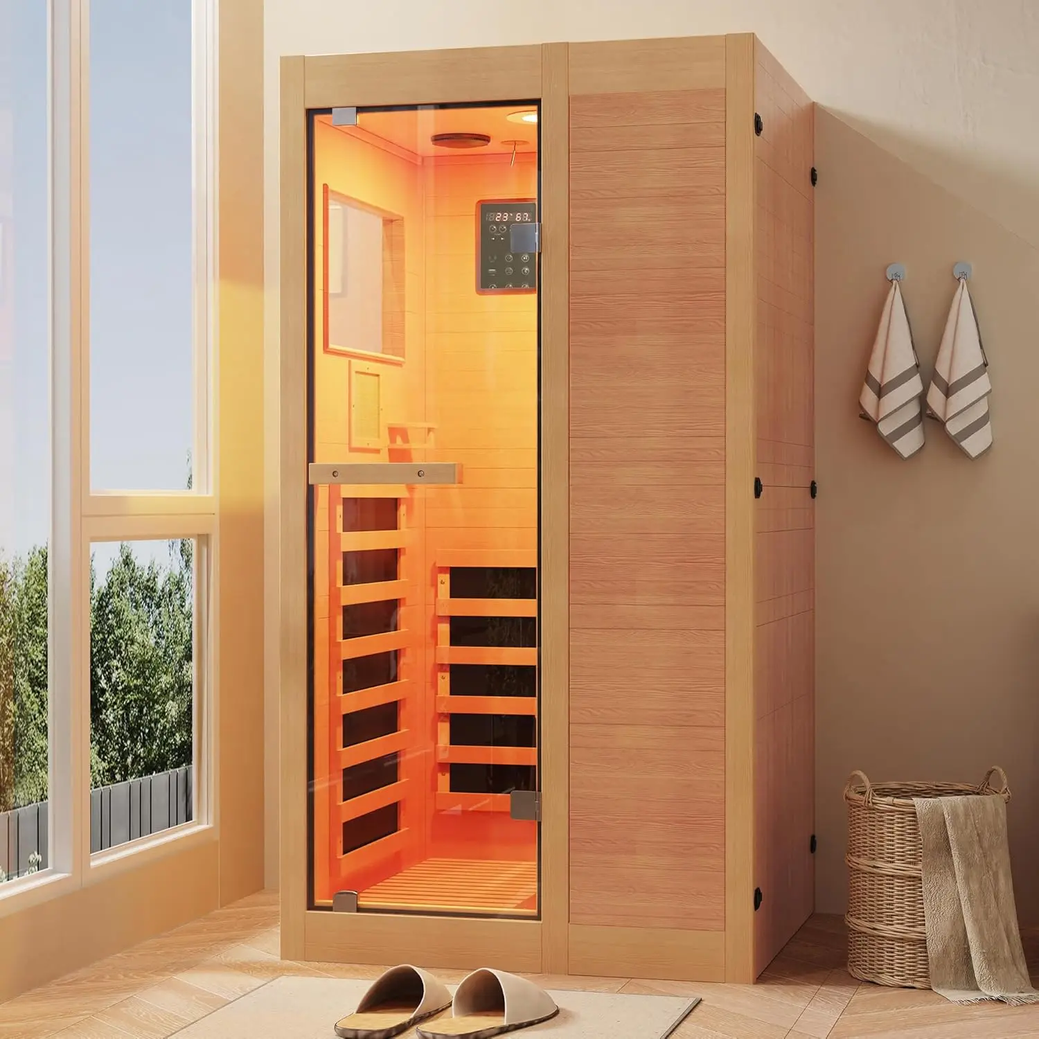 ROCSUMOO Infrared Sauna for 1 Person, Wood Sauna with backrest, Canadian Hemlock Wood Low EMF Indoor Saunas with Control Panel, 7-Color Therapy&Timer, Bluetooth Speakers for Home, 66.9"x35.4"x 31.5"