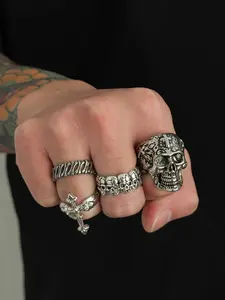 Vintage Cross Skull Ring Set, Dark Punk Joint Rings, Stacking Ring Set, Holiday Gift, Street Style Charm Accessories, 4 Piece Set