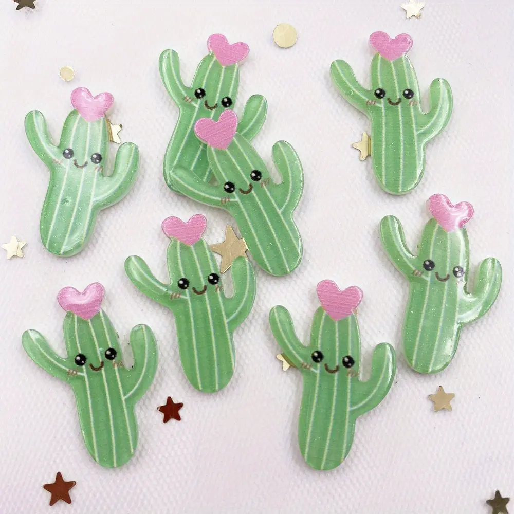 10PCS Glitter Colorful Cactus Heart Flat back Acrylic Sheet Miniature Pattern Decorative Home Decor DIY Craft Making Clip Accessories Scrapbook Accessory Cute Scrapbooking