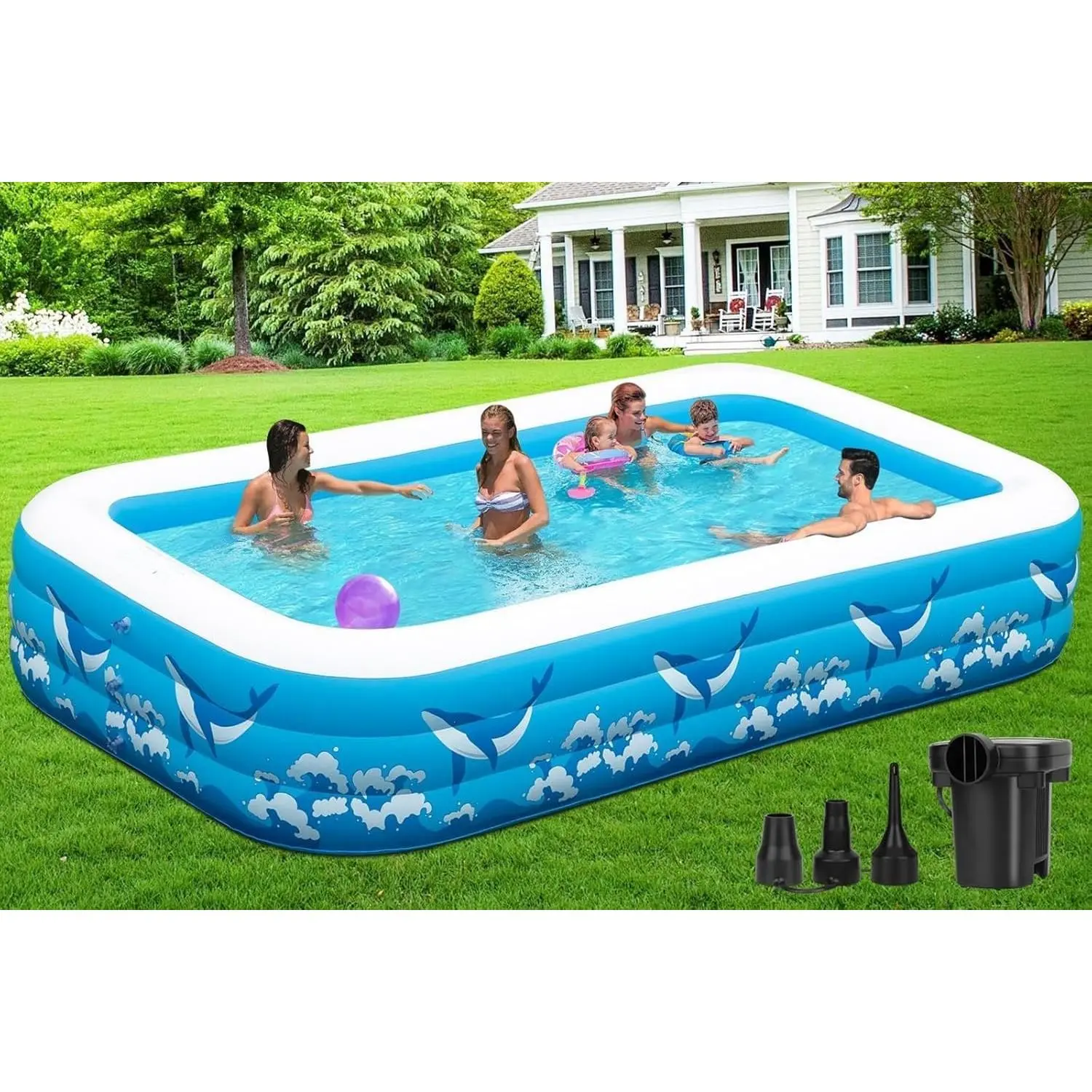 Large Inflatable Pool for Adults Kids, 130" X 72" X 22" Blow-up Pools Inflatable Swimming Pool with Pump, 2026 Oversized Thickened Family Inflatable Kiddie Pool for Backyard Garden Summer Outdoor