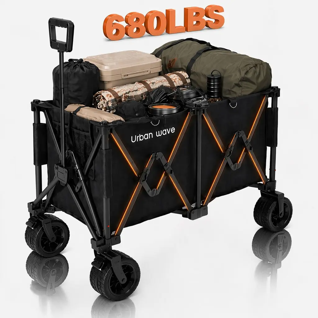 Heavy-Duty Oxford Fabric Folding Beach Cart - 680LBS Load-Bearing Capacity, Large All-Terrain Sand Wheels, Cup Holder, 360° Maneuverability - Ideal for Outdoor Camping, Gardening Transport