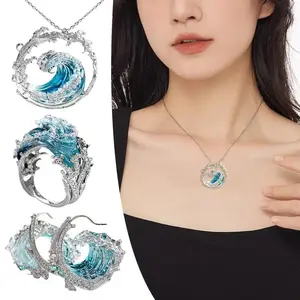 Ocean's Oath Wave Decorative Necklace Earrings Jewelry Set For Women Gift Fashion Sky Blue Decoration Jewelry Gift For Girl