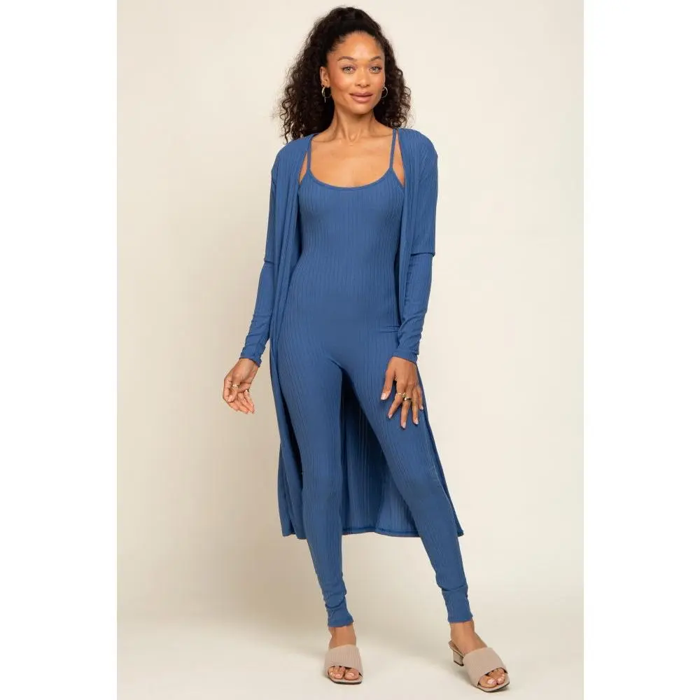 Women's Knit Blue Ribbed Maternity 2-Piece Set - Stylish Open Cardigan & Jumpsuit Pregnancy Outfit with Long Sleeve and Sleeveless Options