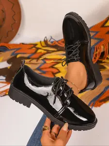 Women's Fall New Fashion British Style Anti-Slip Lace-Up PU Leather Casual Loafers, Comfortable Soft Sole Daily Shoes, Stylish Practical Women's Shoes, Business Casual Oxfords