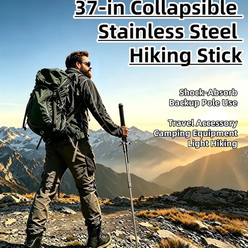Collapsible Stainless Steel Hiking Stick - Shock-Absorbing, Durable Survival Staff, Collapsible Staff, Portable, Backup Pole, Travel & Camping Accessory for Light Hiking Seniors, Collapsible Staff Hiking Sticks, Portable Hiking Sticks