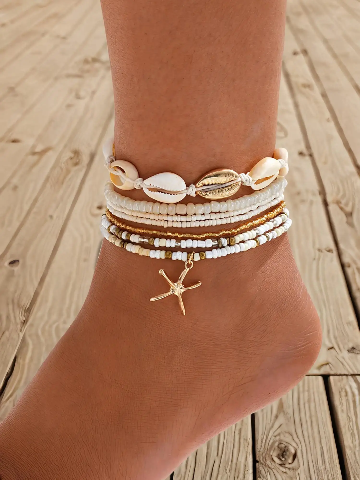 Shell & Star Decor Beaded Anklet Set, Boho Jewelry Accessory Gifts for Her, Fashionable Faux Pearl Decorated Anklet for Women & Girls, Style for Birth