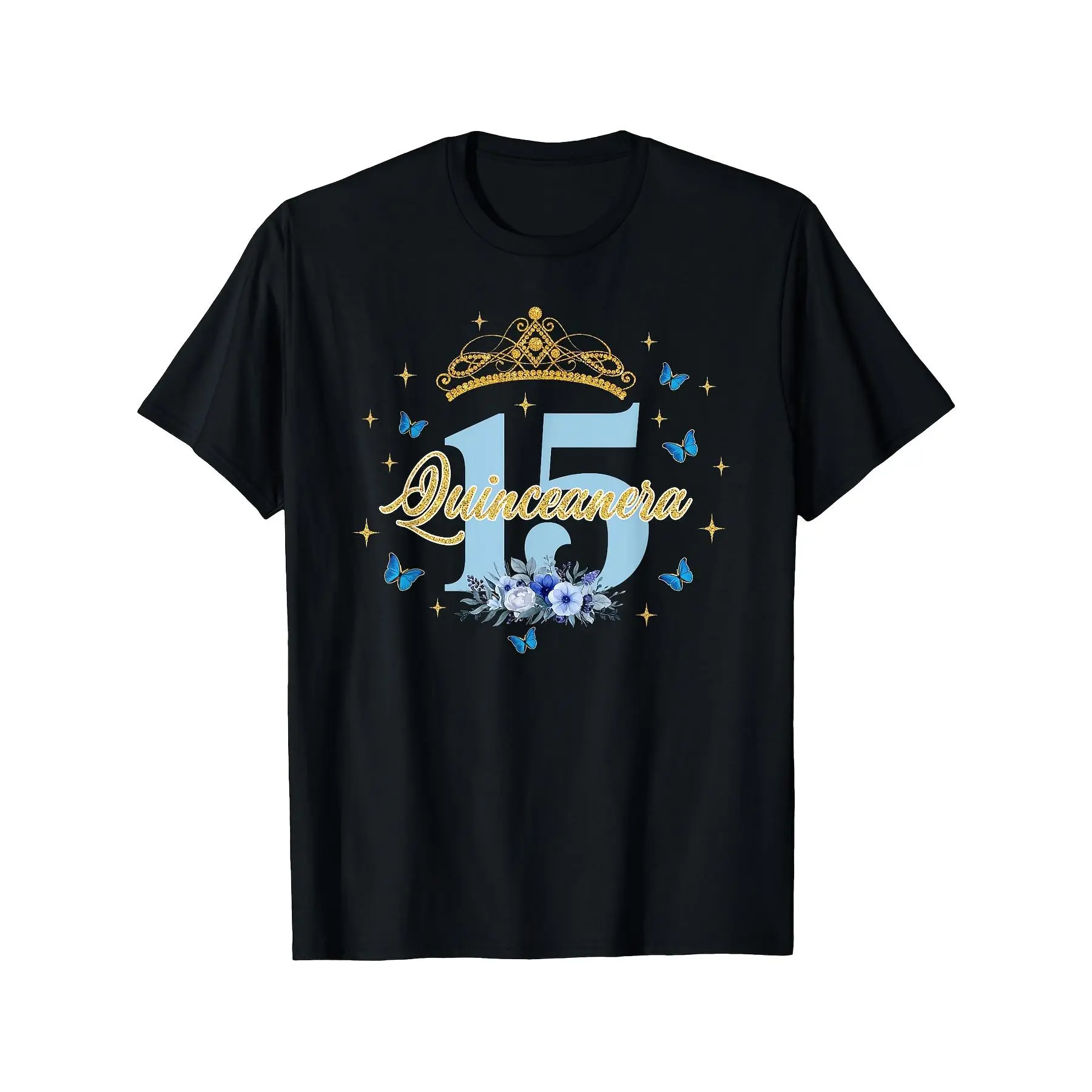 [100% Cotton] 100% Cotton 's & Girls' 15th Birthday Quinceañera T-Shirt - 100% Cotton Black with Golden Number 15 & Spanish Text (Quinceañita) - Round Neck Short Sleeve Party Outfit, Ideal Gift for, Casual Wear or Dance Performances