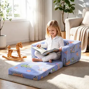 Blue Engineering Vehicle Pattern Children's Folding Sofa Chair, 2-in-1 Toddler Chair Comfy 2-6 Years Old,Perfect Size for Kids, Cozy Story Time Chair - Toddler Room Must Have