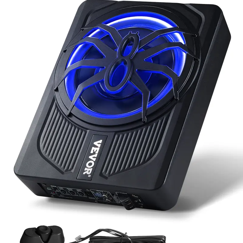 VEVOR 10-Inch 440W Peak Slim Underseat Car Subwoofer Speaker with Built-In Amplifier, Aluminum Shell, Blue Ambient Light, Remote Controller, 0.4% Distortion, Deep Bass Boost for SUVs, Trucks, Car Accessories, Auto Accessories Interior