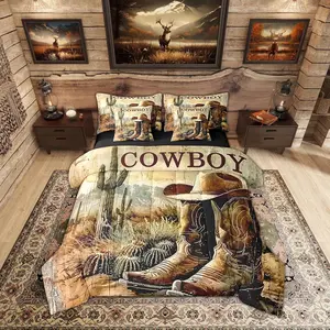Cowboy Boots 7 Piece Comforter for Kids Boys Western Sheet Set,Bed in A Bag American Country Desert Cactus Wild West Retro Rustic Botanical Cabin Bed Set